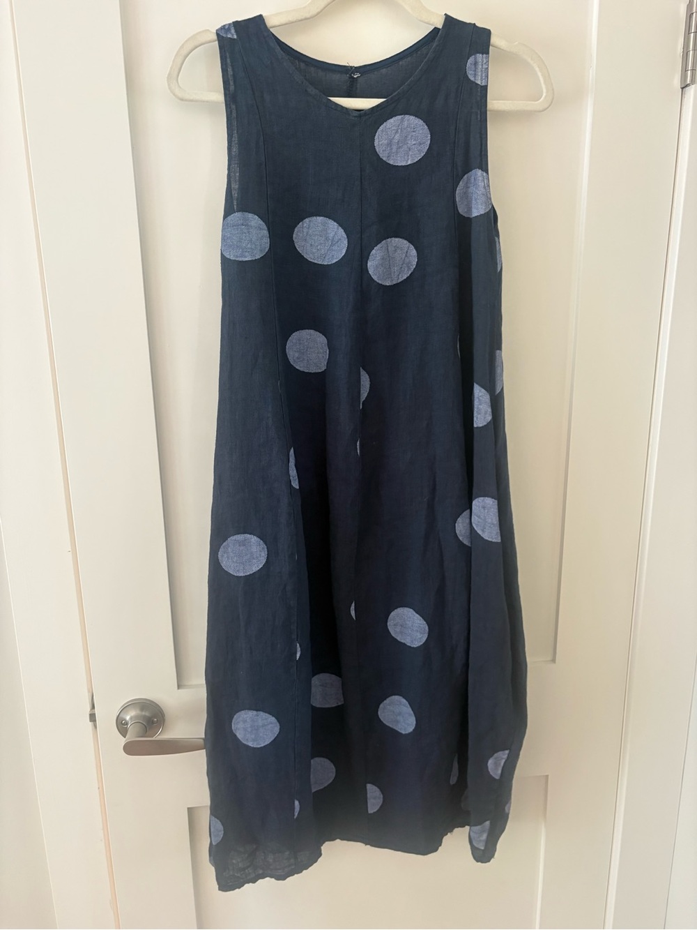 Navy Blue 100% Linen Polka Dot Midi Dress made in Italy flowy casual summer XS